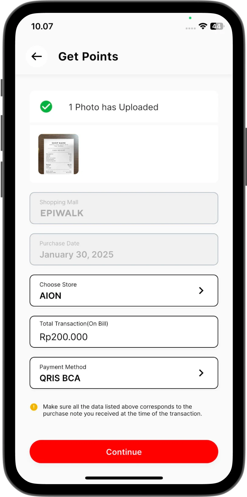 Enter the transaction details, ensuring your data and EDC match the captured receipt.
